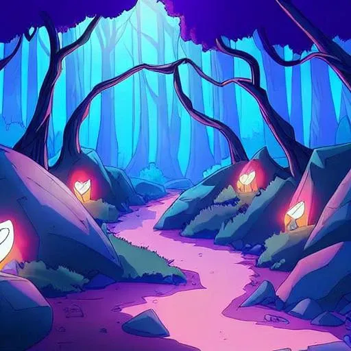 a beautiful photo of a forked path in a forest with glowing lights and rocks and trees on either side of the path, dwspop forest