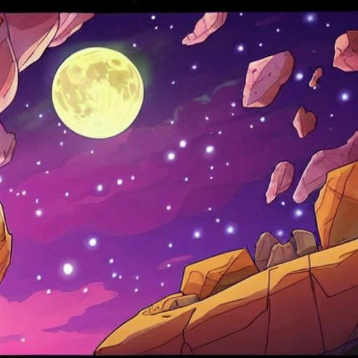 a scene of a yellow moon in outer space, asteroids and rocks floating in space, bright light, dwspop space