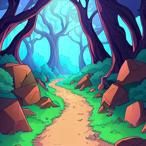 a photo of a path in a forest with glowing lights and rocks and trees on either side of the path, dynamic lighting, bright lights, dwspop forest