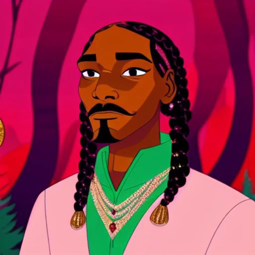 Perfectly-centered portrait-photograph of snoop dog with (long braids), (glittering red big eyes), standing in a forest of marajuana, smoke emitting in the background, dwspop style