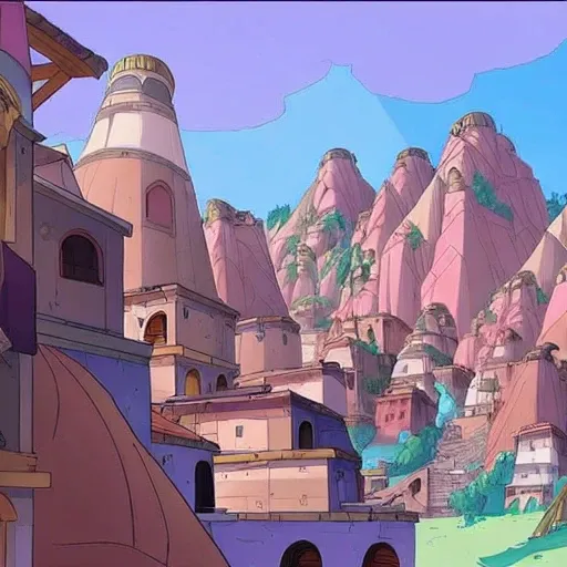 a scene of a village built into a massive mountain with stairs, dwspop landscape