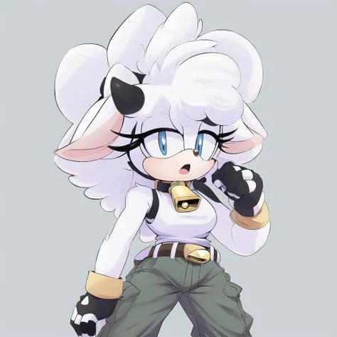 1girl, solo, blue eyes, simple background, shirt, gloves, animal ears, closed mouth, tail, white hair, horns, sleeveless, belt, pants, fingerless gloves, collar, bell, neck bell, furry, furry female, cowbell, animal nose, Lanolin the Sheep, sonic the hedgehog (series), 5 fingers, masterpiece, best quality, 
 <lora:Lanolin Sheep:1>
