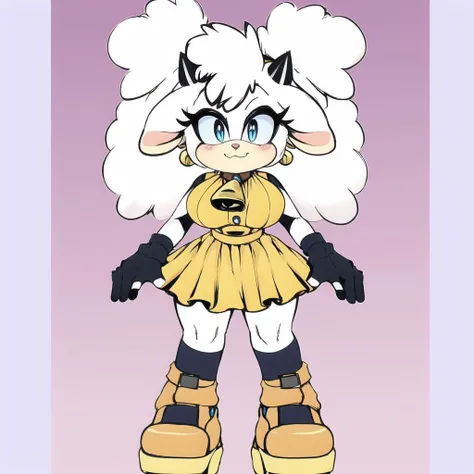by naoto oshima, by marthedog, by avante92 <lora:Lanolin Sheepv1:1> by inu-sama, 1girl, solo, looking at viewer, smile, blue eyes, simple background, gloves, dress, animal ears, twintails, closed mouth, standing, full body, white hair, horns, shoes, sleeveless, hand up, collar, hand on hip, eyelashes, bell, sleeveless dress, short dress, neck bell, furry, furry female, yellow dress, yellow skirt, animal nose, orange dress, Lanolin the Sheep, sonic the hedgehog (series), masterpiece, best quality, indoors, huge breasts, hands on hips, large breasts, sexy, indoors, house,