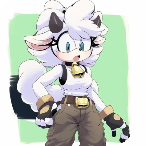 1girl, solo, blue eyes, simple background, shirt, gloves, animal ears, closed mouth, tail, white hair, horns, sleeveless, belt, pants, fingerless gloves, collar, bell, neck bell, furry, furry female, cowbell, animal nose, Lanolin the Sheep, sonic the hedgehog (series), 5 fingers, masterpiece, best quality, 
 <lora:Lanolin Sheep:1>