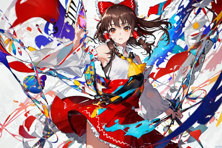 masterpiece, best quality, depth of field, 
(hakurei reimu,  hair tubes, hair bow, frilled bow, red skirt, ribbon-trimmed sleeves,  detached sleeves),
1girl, solo, (colorful, abstract: 1.2), looking at viewer, dynamic pose,  determined,  <lora:mikaPikazoLokr_v10:1>