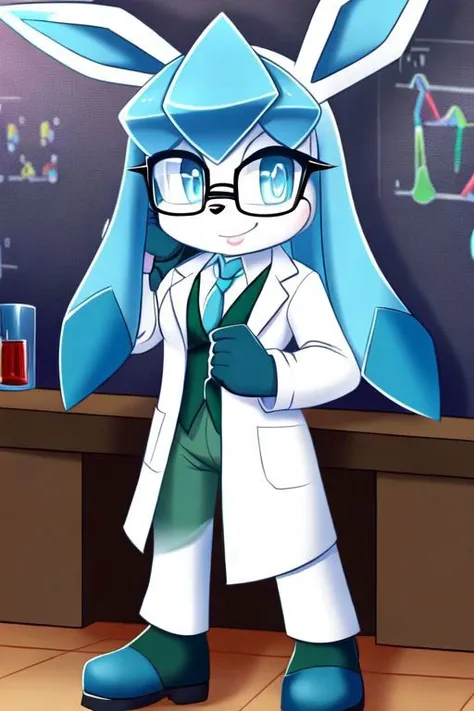 Mobian, glaceon, female, glasses, lab coat, pants, science lab
