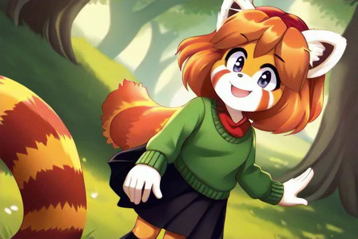 Isabelle, Young Child, (Red Panda), Red Hair, Green sweater. Black skirt.