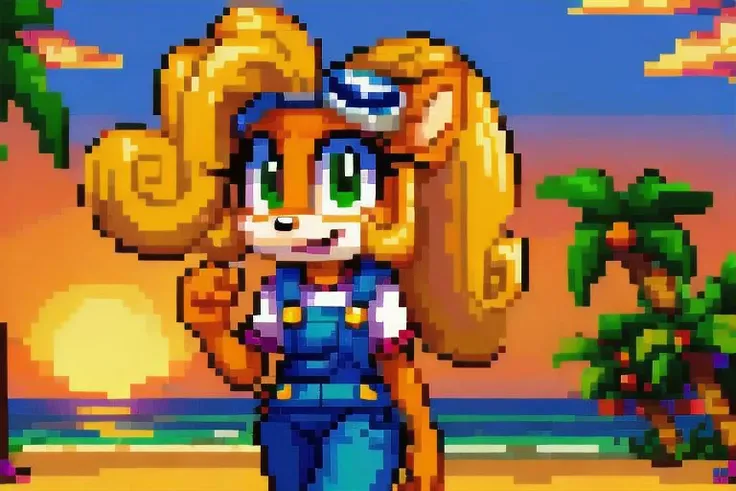 Coco bandicoot, 1girl, solo, blonde hair, overalls, withe shirt, running, Beach, Afternoon, orange sky, palm trees, boxes with "?" sign, Pixel Art, PIXARFK