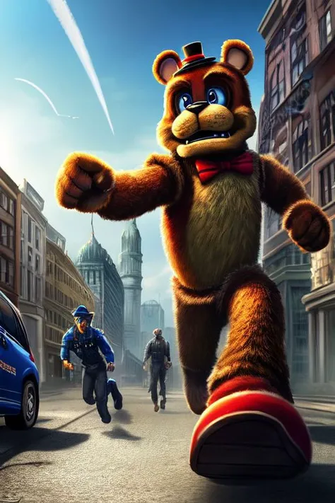 "Freddy Fazbear", photorealistic, extreme detail, masterpiece, realistic, real world, (realistic fur, detailed fur texture:1.2), running, scared, afraid, epic, explosions, police cars in background