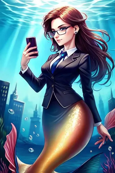 Mermaid, female, business suit, earpiece, holding smartphone, glasses, underwater, neutral expression, city, best quality, beautiful, intricate details, masterpiece