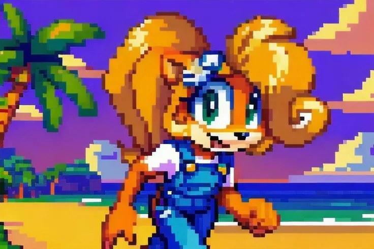 Coco bandicoot, 1girl, solo, blonde hair, overalls, withe shirt, running, Beach, Afternoon, orange sky, palm trees, boxes with "?" sign, Pixel Art, PIXARFK