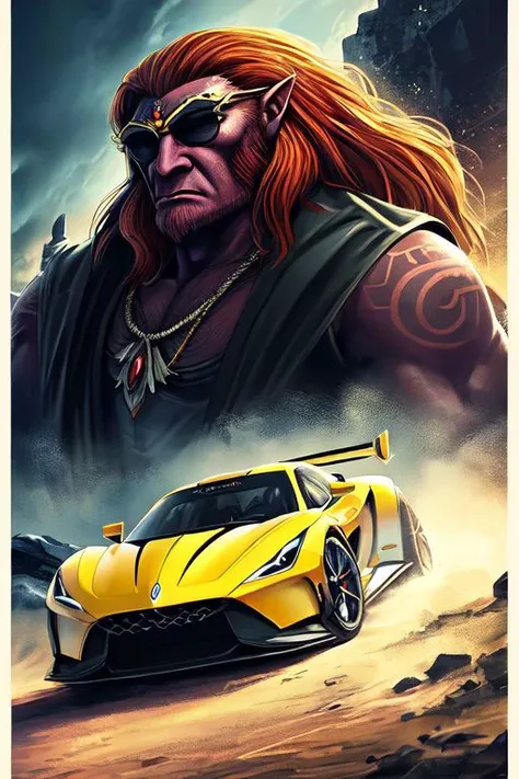 Ganondorf, high detail, masterpiece, high quality, badass, epic, wearing sunglasses, driving a sports car, heroic, poster art, pointy nose