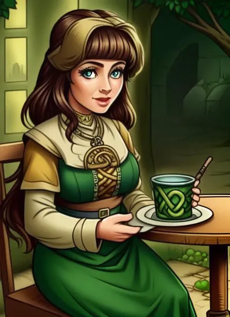 ((Elder Scrolls)), retro tv show, Irish female clothing, Lizard woman sitting at a table outside of village, Saint Patrick's Day, Celtic culture