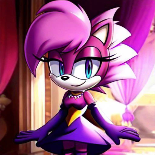 1girl, gloves, solo, furry, dress, smile, elbow gloves, furry female, pink hair, looking at viewer, purple ball gown