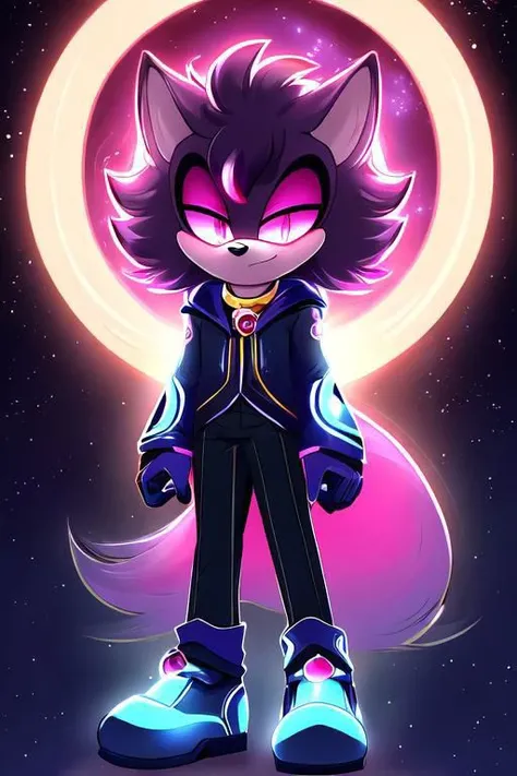 **Eclipse:**
Eclipse, a male Mobian, emanates an ethereal aura with his celestial appearance. Clad in a deep indigo suit adorned with intricate patterns resembling the cosmos, he stands as a radiant figure against the backdrop of darkness. Pink streaks accentuate his fur, leading to a captivating pink eye that intensifies in moments of heightened emotion. His footwear, adorned with luminescent accents, completes the cosmic ensemble, creating an image of celestial elegance. (simple), (simple lighting), (simple background), hands in pockets.