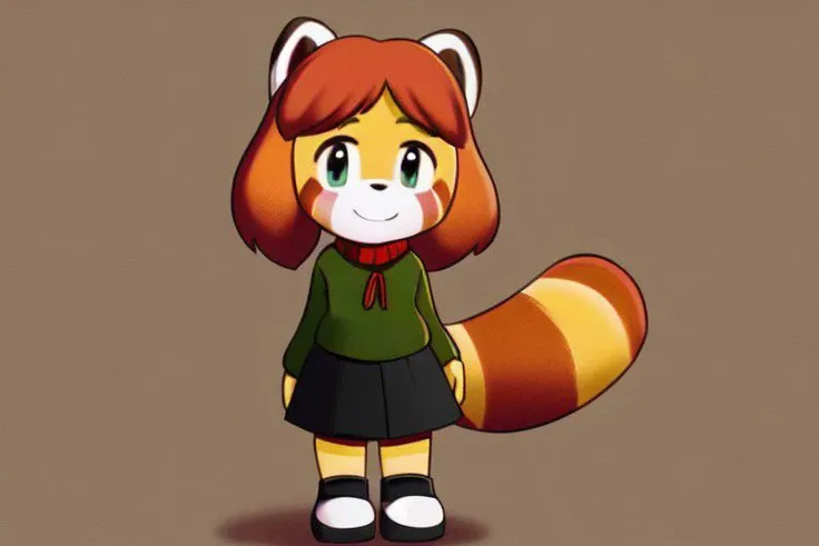 Isabelle, Young Child, (Red Panda), Red Hair, Green sweater. Black skirt.