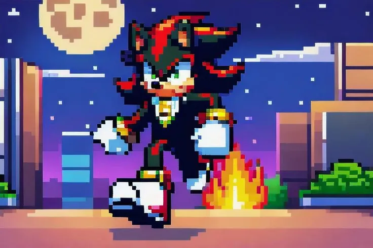 Shadow The Hedgehog, 1boy, blue, red sneakers, green eyes, running, angry face, holding a weapon, weapon shoot, Night, Moon, MoonLight, City, Street, Buildings, Pixel Art, PIXARFK