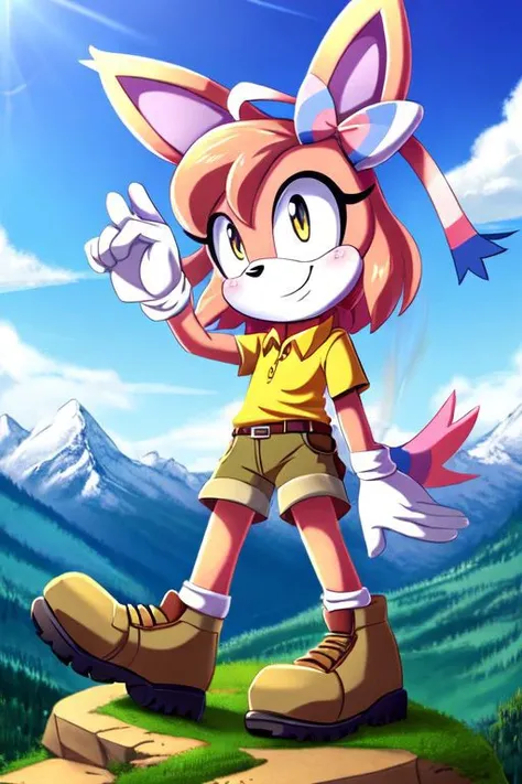 Mobian, Sylveon, female, hiking boots, khaki shorts, polo shirt, smile, mountain, hiking, morning