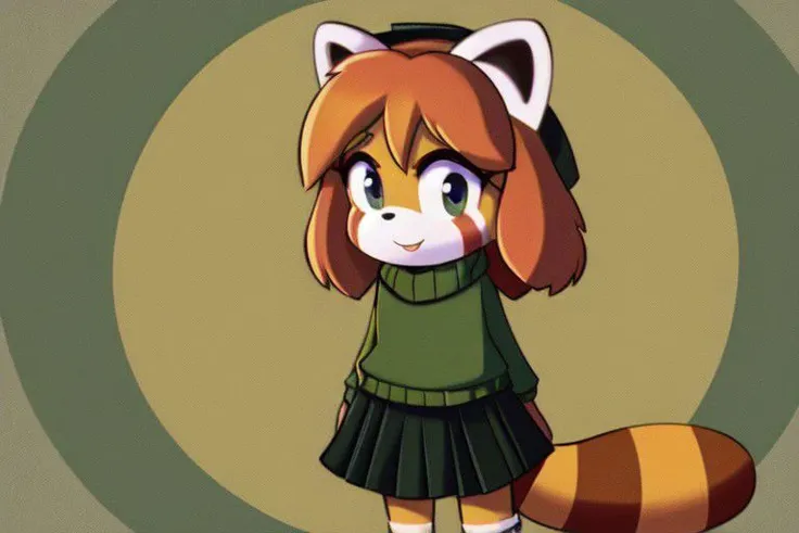 Isabelle, Young Child, (Red Panda), Red Hair, Green sweater. Black skirt.