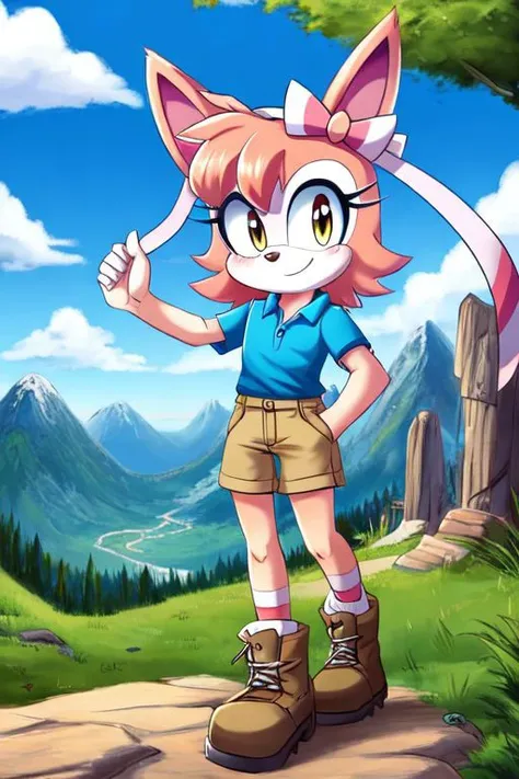 Mobian, Sylveon, female, hiking boots, khaki shorts, polo shirt, smile, mountain, hiking, morning