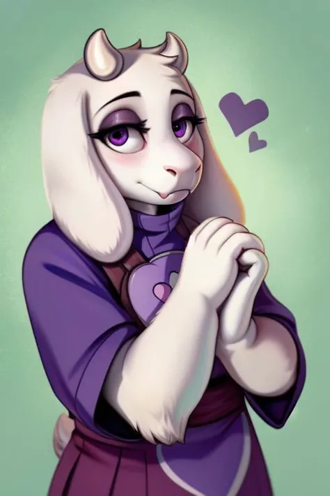 toriel, goat girl, white body, purple eyes, snout, purple dress, heart hands, own hands together