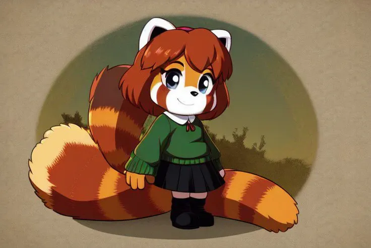 Isabelle, Young Child, (Red Panda), Red Hair, Green sweater. Black skirt.