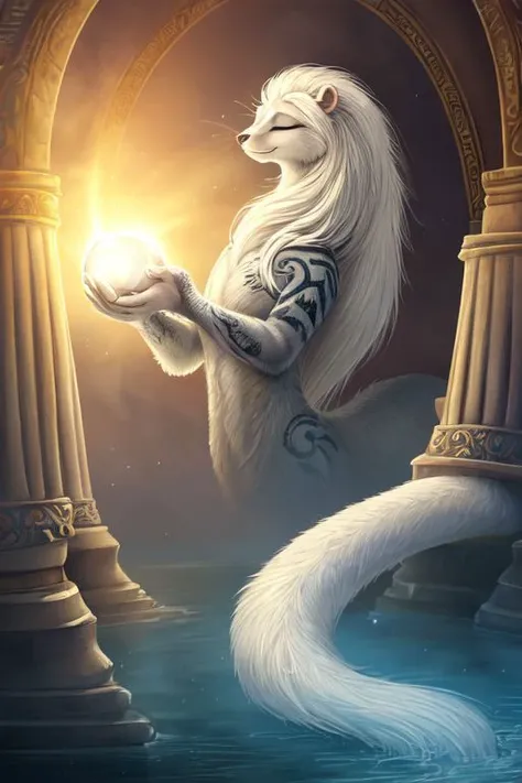 (((masterpiece))), ((extreme detail)), high quality, detailed, high fantasy, creature art, ((((ornate body markings)))), ((eye marks)), a huge silver creature with squinted silver eyes and white hair, (((feral))), (((animal))), bushy tipped long tail, claws, badass, epic, ((((silver fur)))), ((((long white hair)))), demihuman, solo, female, alone, temple backdrop, on all four legs, peaceful, beautiful, white underbelly, four legs, long neck, long body, weasel, ferret, thick multiple ringed tufts that go down her neck, ((eyes closed)), multiple manes, majestic, long plush tail, glowing with light, white face, pink clawed hand-like forepaws, (((furless fingers))), pensive, elegant, massive, cute butt, big butt, curled up, floating, holding a glowing ball of light, halo of light behind her head, goddess, realistic