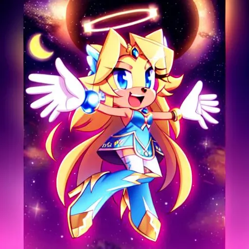 photo of sexy mobian star (sky), starry sky, space, night sky, shooting star, night, sky, 1girl, constellation, starry sky print, planet, galaxy, wings, moon, solo, earth (planet), outstretched hand, blonde hair, open mouth, aurora, light particles, milky way, crescent moon, feathered wings, outstretched arm, white wings, full moon, jewelry, halo, smile, angel wings, long hair, blue eyes, dress, bracelet, pointy ears