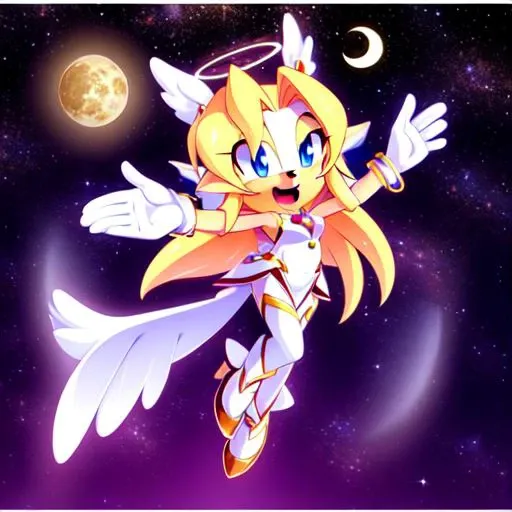 photo of sexy mobian star (sky), starry sky, space, night sky, shooting star, night, sky, 1girl, constellation, starry sky print, planet, galaxy, wings, moon, solo, earth (planet), outstretched hand, blonde hair, open mouth, aurora, light particles, milky way, crescent moon, feathered wings, outstretched arm, white wings, full moon, jewelry, halo, smile, angel wings, long hair, blue eyes, dress, bracelet, pointy ears