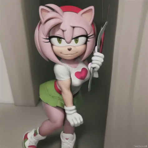 ((Amy Rose)), white T-shirt with red heart, green skirt, holding a crossbow, dark stockings, white trainers, white gloves, ,"artist:totesfleisch8": 433,"realistic": 233,hero shot, muscular, "flashing_breasts": 204,