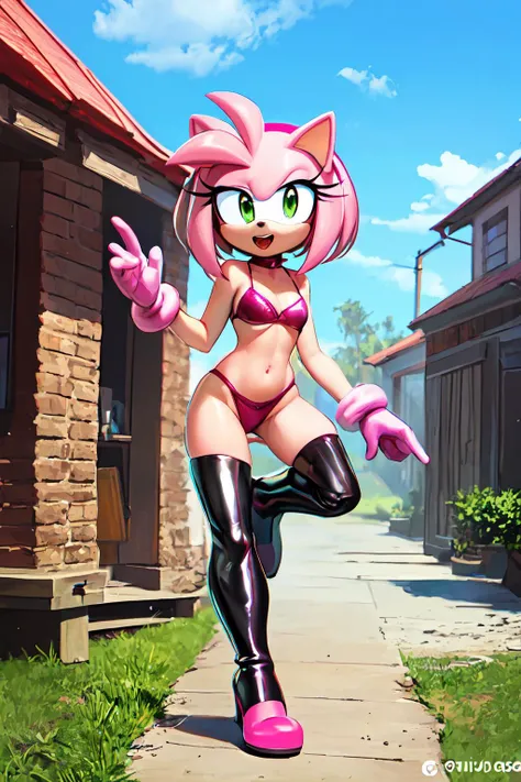 (obra maestra, Mejor calidad:1.2), tiro de vaquero, Solo, 1 chica, Amy rose, libidinoso, boca cerrada, Mirando al espectador, es, Caderas anchas, camisa, correa, sentadillas, piernas aparte, cielo azul, erotica, pechos grandes, red latex boots, red latex gloves, pezones sin censura, vagina, micro bikini negro