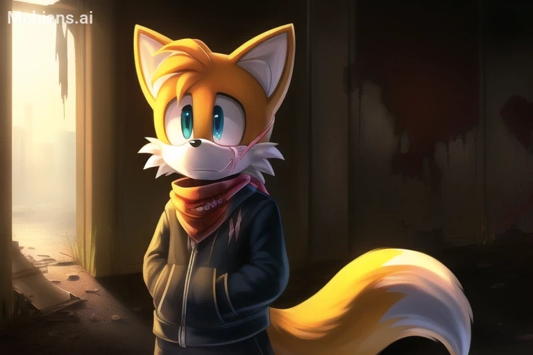 ((Masterpiece)), ((Good face)), ((Good anatomy)), Tails the fox, wearing a red bandana, in an abandoned city, crying, ((a scar across his eye)), holding a blade, Zombie apocalypse