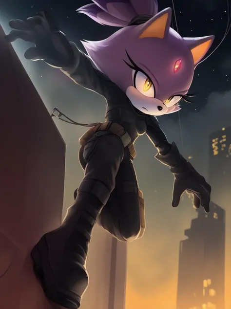 ((Masterpiece), high quality, studio quality, detailed, high contrast, highres), blaze the cat, mobian, serious face, long eyelashes, ((black bodysuit, black gloves, black military boots)), medium breasts, (wide shot full body from far away), dynamic angle, small head, from below, ((night)), side view, glowing yellow eyes, motion blur, (rappelling down from building rooftop), in the air, dynamic pose, (holding black cable coming down straightly from above), looking afar, tactical belt, cable connected to the black tactical belt , freefall, falling, ((single cable, single line)), beside building wall, tactical, from below, dark sky, tightly stretched cable