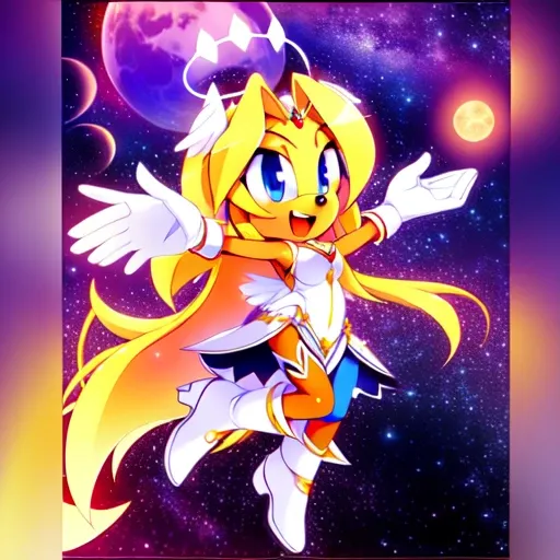photo of sexy mobian star (sky), starry sky, space, night sky, shooting star, night, sky, 1girl, constellation, starry sky print, planet, galaxy, wings, moon, solo, earth (planet), outstretched hand, blonde hair, open mouth, aurora, light particles, milky way, crescent moon, feathered wings, outstretched arm, white wings, full moon, jewelry, halo, smile, angel wings, long hair, blue eyes, dress, bracelet, pointy ears