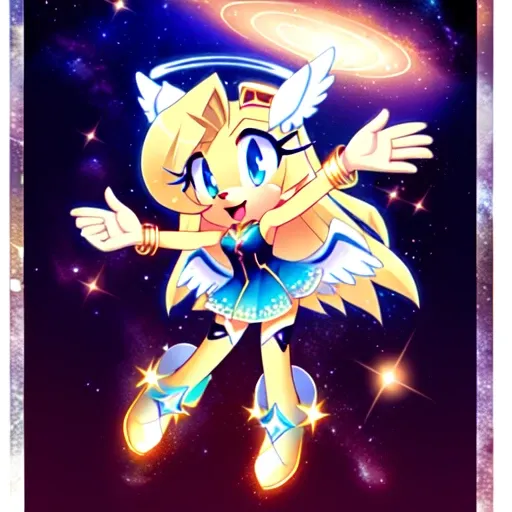 photo of sexy mobian star (sky), starry sky, space, night sky, shooting star, night, sky, 1girl, constellation, starry sky print, planet, galaxy, wings, moon, solo, earth (planet), outstretched hand, blonde hair, open mouth, aurora, light particles, milky way, crescent moon, feathered wings, outstretched arm, white wings, full moon, jewelry, halo, smile, angel wings, long hair, blue eyes, dress, bracelet, pointy ears