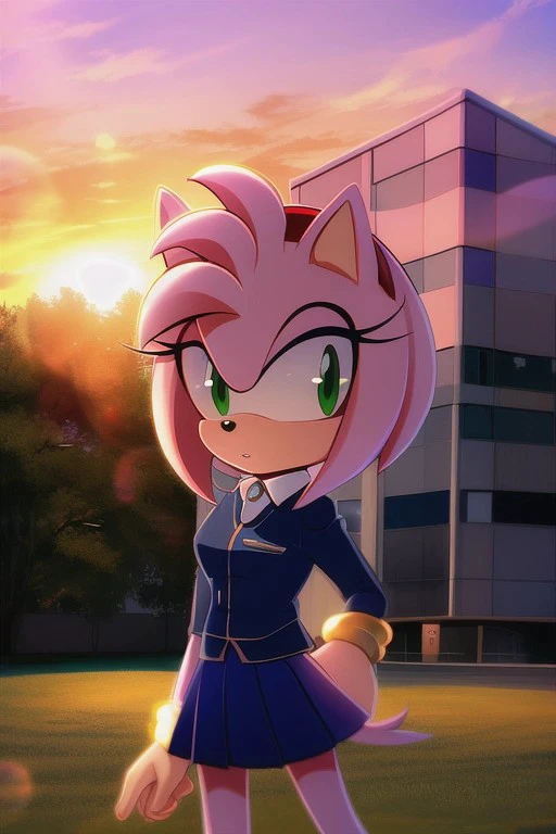 Amy Rose, 1girl, solo, tree, sky, outdoors, skirt, cloud, brown, hair, sunset, lens, flare, scenery, school, uniform, sun, wind, long, sleeves, animal nose