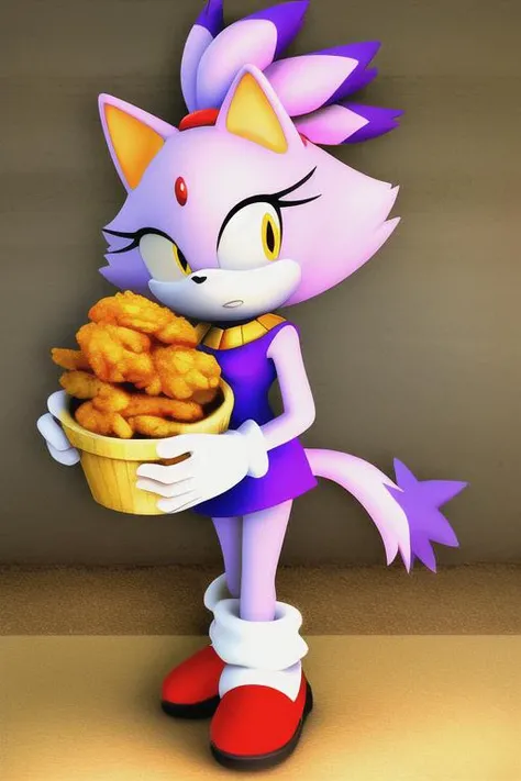 Blaze the cat holding a bucket of fried chicken