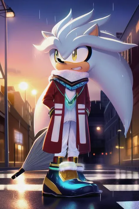 Silver the hedgehog, fluffy coat, scarf, eyes, hands, umbrella, city, wet street, sunset, masterpiece, detailed, caustics, depth of field, animal nose, shoes, gloves,
