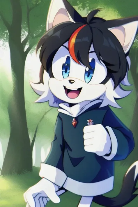 mobian, 1boy, cat, cute, teenager, streaked hair, white fur, three bangs, blue eyes, open mouth, smile,  best quality, forest background, natural lighting, solo character