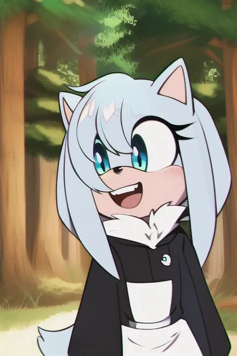 mobian, 1boy, cat, cute, teenager, streaked hair, white fur, three bangs, blue eyes, open mouth, smile,  best quality, forest background, natural lighting, solo character