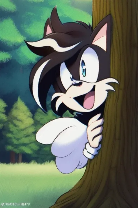 mobian, 1boy, cat, cute, teenager, streaked hair, white fur, three bangs, blue eyes, open mouth, smile,  best quality, forest background, natural lighting, solo character
