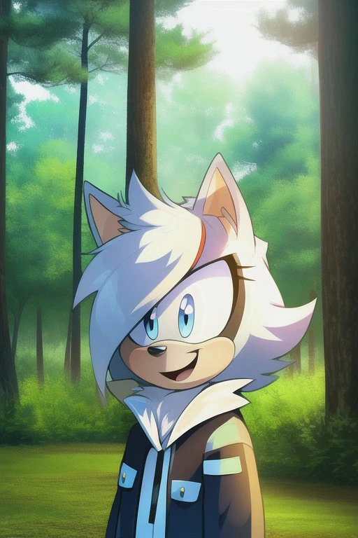 mobian, 1boy, cat, cute, ager, streaked hair, white fur, three bangs, blue eyes, open mouth, smile, best quality, forest background, natural lighting, solo character
