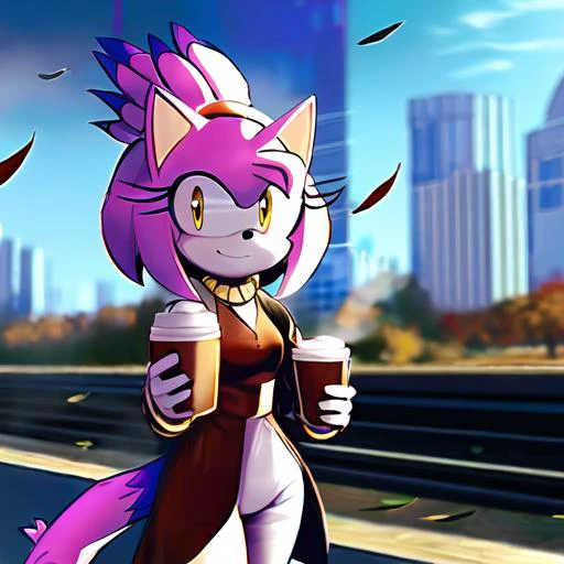 Style-rustmagic, (((Amy Rose : Blaze the cat : .75))), (latex dress, (Red dress, (white stripe))), coffee, outside, cityscape, outside cafe, steaming cup, leaves in wind, (fall), (smile), looking at viewer, jacket over dress, gold necklace,