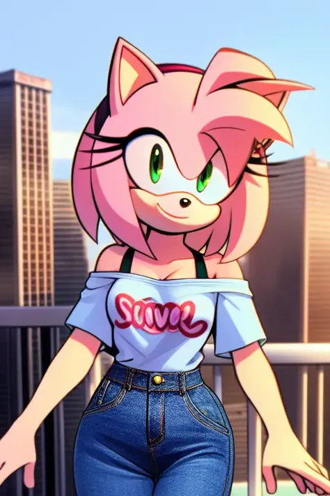 Amy Rose, 1girl, solo, looking at viewer, smile, high-waist pants, hairclip, denim, t-shirt, city background, off-shoulders