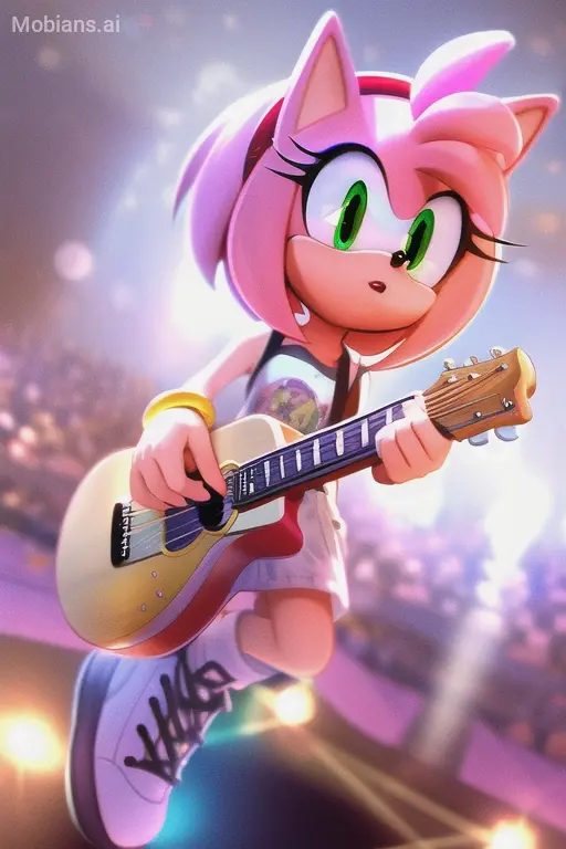 amy rose, full body, guitar, stage, jumping, crowd, casual clothes, masterpiece, soft lighting, very detailed, detailed background, field of view, intricate details, pastel