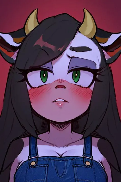 highres, masterpiece, perfect lighting, bloom, cinematic lighting, adult, perfect skin, female, looking at viewer, portrait, (RSEEmma:1.5), (with two cow horns:1.2), with cow ears, <lora:RSERomantic_RSESofiko_RSEEmma-v1:0.3>, <lora:breastinclassBetter:0.2>, surprised face, embarrassed face, parted lips, blushing, green eyes, thick eyebrows, long hair, bangs,(black hair:white hair), blunt bangs, cleavage, denim overalls, plaid shirt, barn setting, barn,