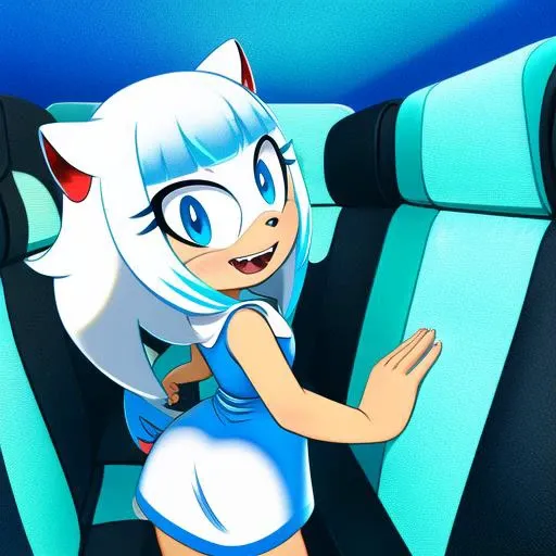 Cartoon:1.5, Gawr gura_(vtuber):1.5 wearing taut dress, solo,  human, light skin, medium breasts,  fangs, smiling, looking at viewer, butt, looking back, in car interior <lora:all vtubers hll3.1:1>