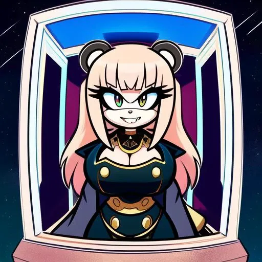 Cartoon:1.5, calliope mori_(vtuber):1.5 wearing bathrobe, solo, mobian panda, huge breasts, fangs, smiling, looking at viewer, in space elevator <lora:all vtubers hll3.1:1>