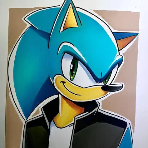 1boy, blue skin, sonic the hedgehog, black jacket, aviator sunglasses, light smile, portrait, closer