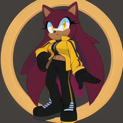 Female, mobian, really long hair, hedgehog, dark skin, maroon hair, multicolor hair, bangs, (black track pants), (long sleeves), (front zipper), jacket, (yellow jacket), (Cropped jacket), (closed jacket), (black gloves), long boots, navel, yellow eyes, medium breasts, (((masterpiece)))